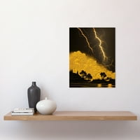 Arany és fekete mennydörgés vihar fényes villám Tóparti fa sziluett keret nélküli fal Art Print poszter Lakberendezés