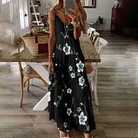 Nyári ruhák nőknek, Női nyári virágos nyomtatott Bohém Spagetti heveder hosszú Maxi ruha v nyakú ujjatlan alkalmi tengerparti