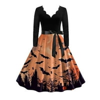Halloween ruhák Női fésült Trim V nyak Vintage stílusú A-Line Flare ruha elegáns Bowknot Hosszú ujjú fél koktél ruha