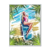 Designart 'Portré Gyönyörű szőke modell a tengerparton Sunbecathing' Hajós és parti keretes vászonfali nyomtatás